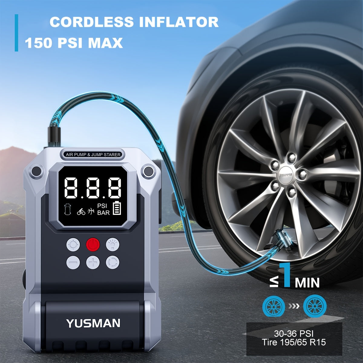 Car Jump Starter with Air Compressor Cordless Tire Inflator, 8000A Battery Booster with Power Bank Pack & LED Flashlights, Auto Jumper Box for 12V Gas Or 10.0L Diesel Vehicles with Carry Case