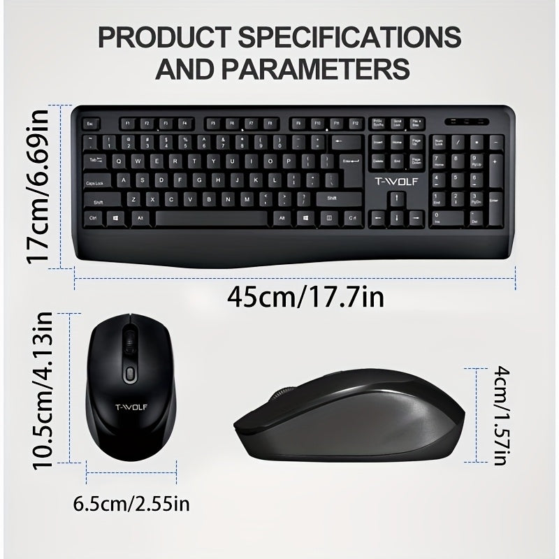 A set of wireless keyboard and mouse combos, 2.4G full-size ergonomic keyboard with palm rest, 3-step DPI adjustable optical mouse, quiet computer keyboard for PC laptop Windows Mac - black