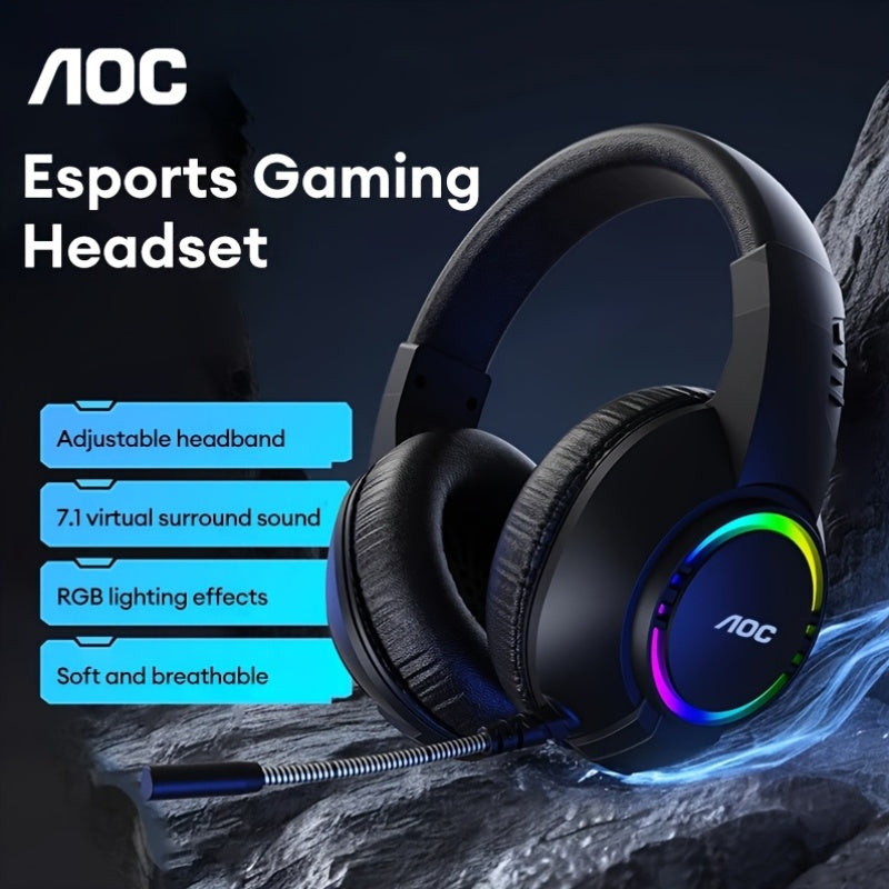AOC Lightweight & Comfortable Wired Gaming Headset with Anti-Tangle Cable, 360° Rotating Headband, and Blue Accent - USB-Powered for PC, Console, or Tablet - Ergonomic Design for Extended Use, Gaming Headset, Tablet Audio Accessory, Sleek Headphone Desig