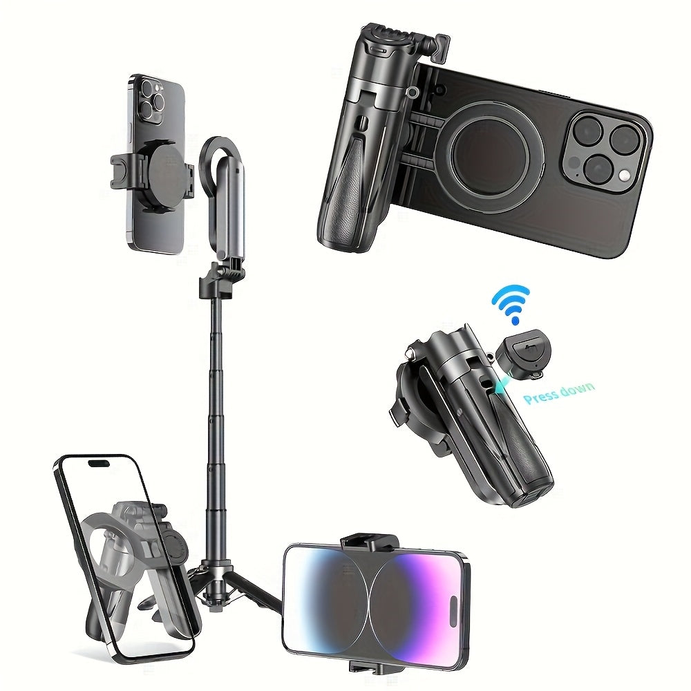 4-in-1 Multi-function Selfie Stick with Wireless Remote Control | Magnetic, Cell Phone Clip Dual Combination, 360° Rotation + 220° Flip Adjustment | Detachable Tripod/Cell Phone Holder | Portable Folding Compatible with 4.7-7 Inch Cell Phone Cameras | Ty