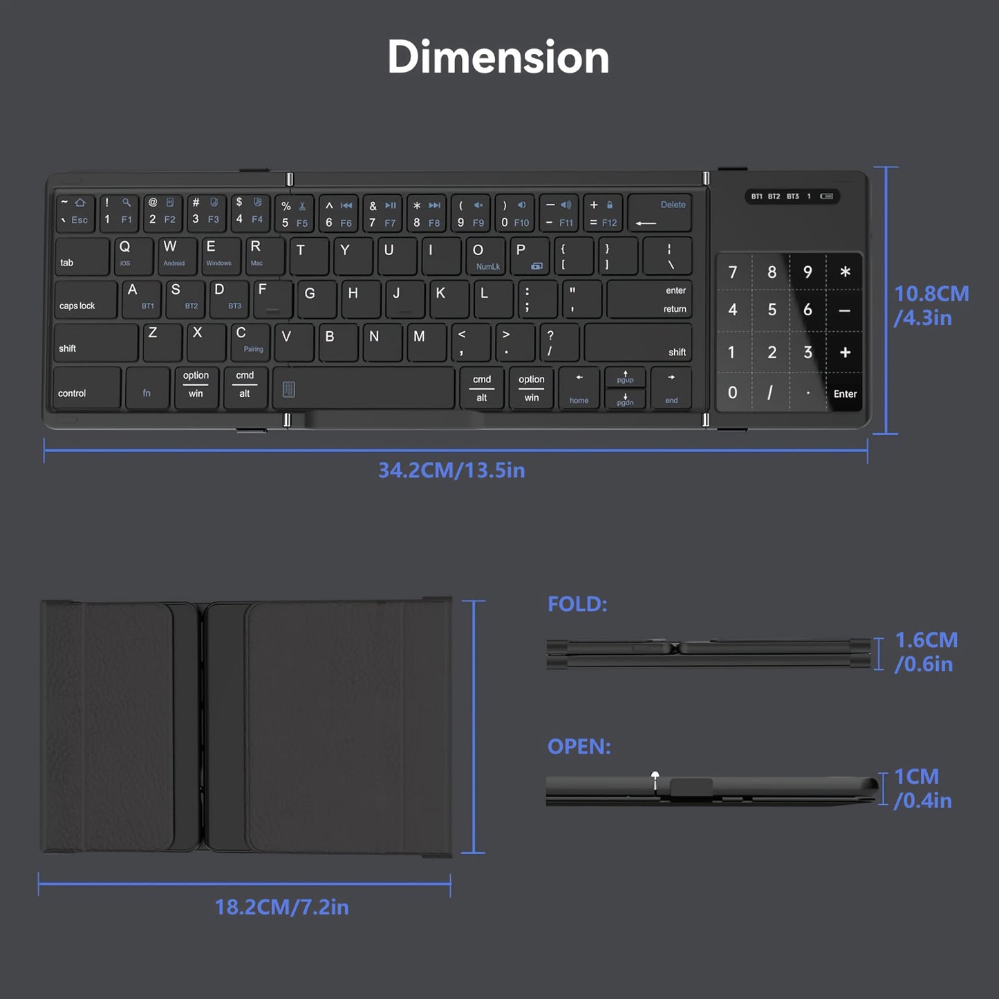 QUANFENG Wireless Folding Keyboard with Touchpad and Numeric Keypad, Portable Rechargeable 2.4G+BT5.1 Support, Multi-Device Co-Connection, Pocket-Sized, Ideal for Travel, Work, Compatible with iOS, Android, Windows, Mobile Phones, Tablets, Laptops, Deskt