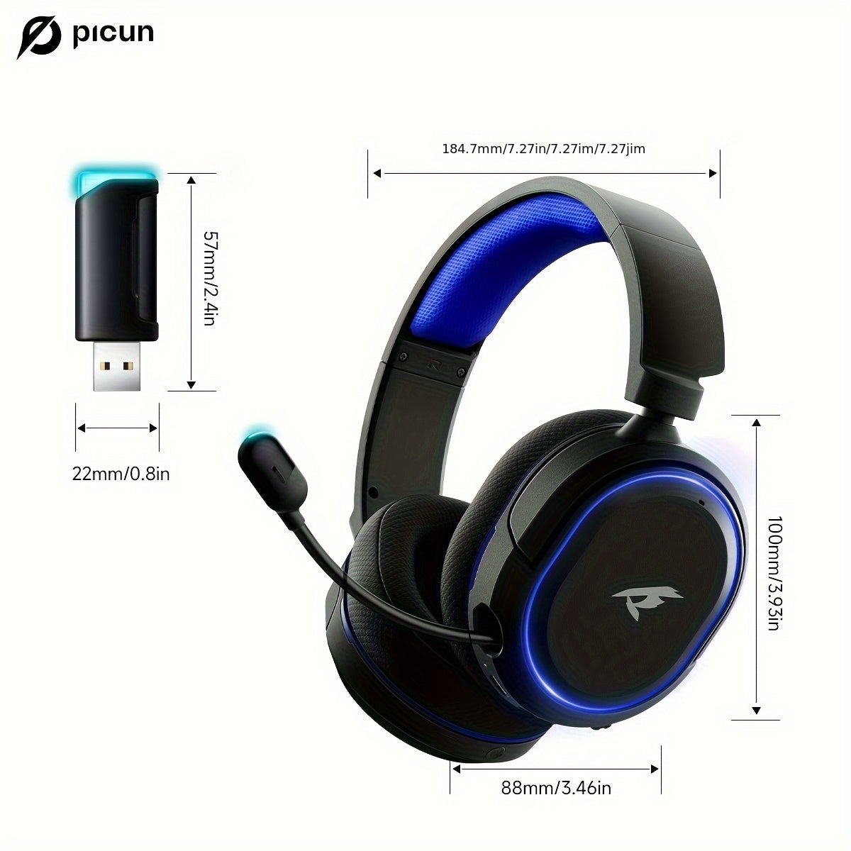 Picun Valorise UG-08S Wireless RGB Gaming Headset with 7.1 Surround Sound, Noise-Cancelling Mic, 3 EQ Modes & Dual USB-A/C Receiver for PC/PS5/Switch - Black with Blue Accents, Over-Ear Design, Comfortable Padded Ear Cups, Wireless Gaming Headset