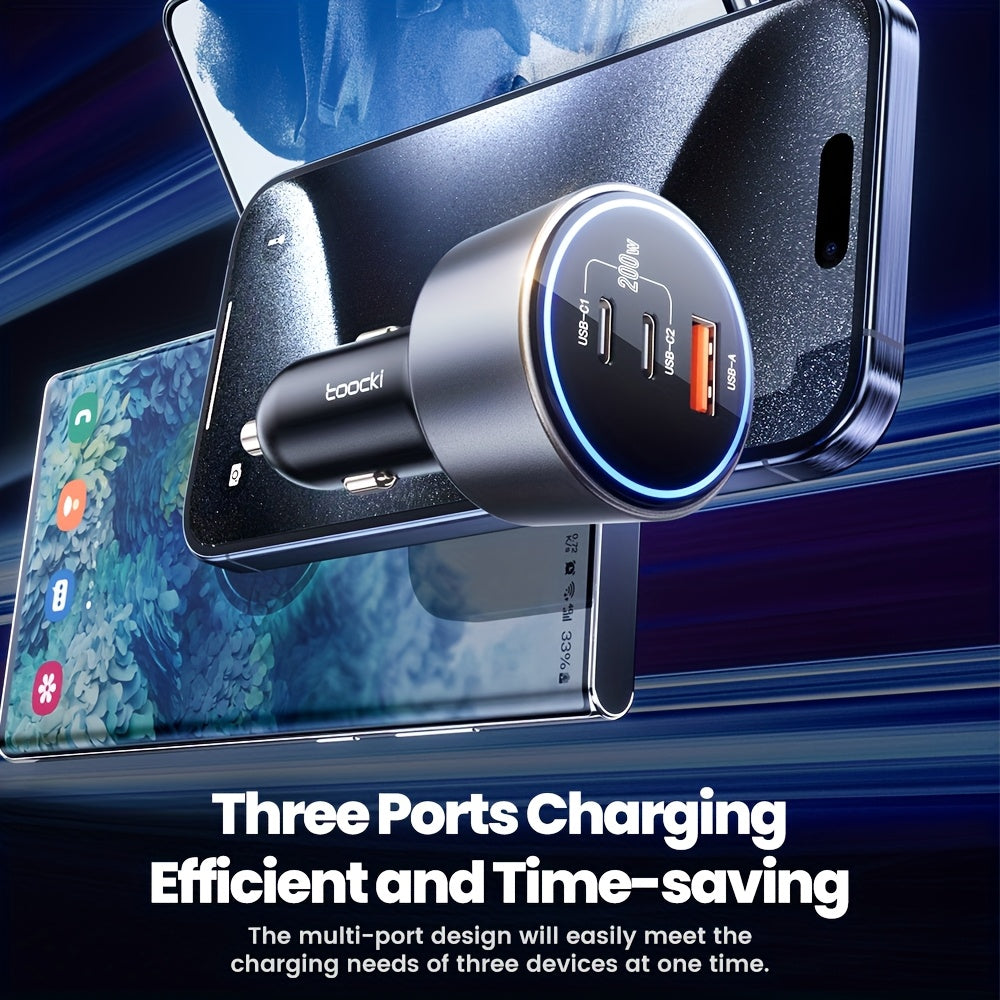 Toocki 200W USB C Car Charger with QC4.0 & PD3.0 Fast Charging, 4-Port (3 USB-C + 1 USB-A) LED Display, Compact Travel-Friendly Car Adapter for Samsung S23/iPhone 15 Series, Device Charging Solution, Sleek Metallic Finish, Highpower Capability, Road Trip