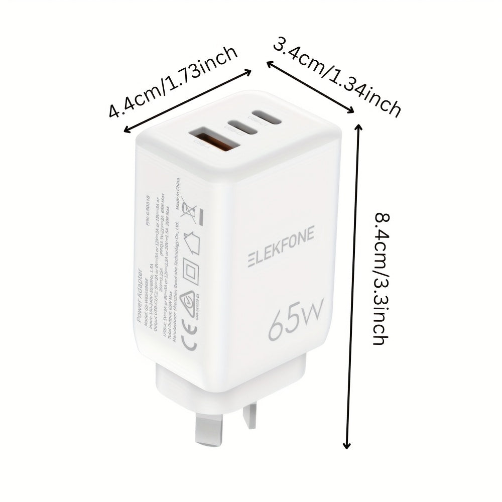 65W Fast Wall Charger for Laptops, Phones, Tablets, Dual USB-C & USB-A, PD & QC 3.0, Multi-Device Compatibility, Compact & Safe Design