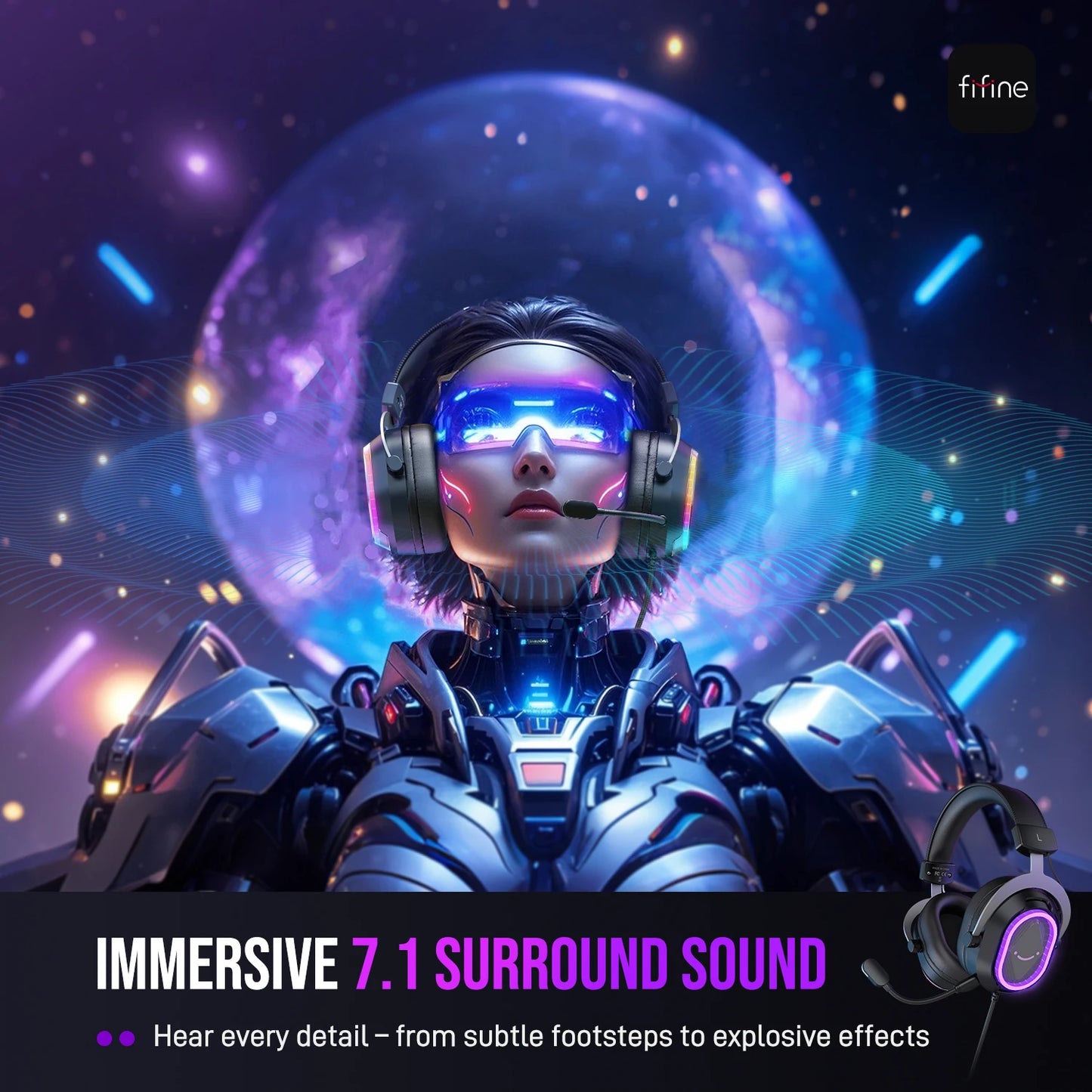 FIFINE RGB Gaming Headset with 7.1 Surround Sound & Dual Sound Card for PC/PS4/5,Over-Ear Headphone with Detachable Mic - H13