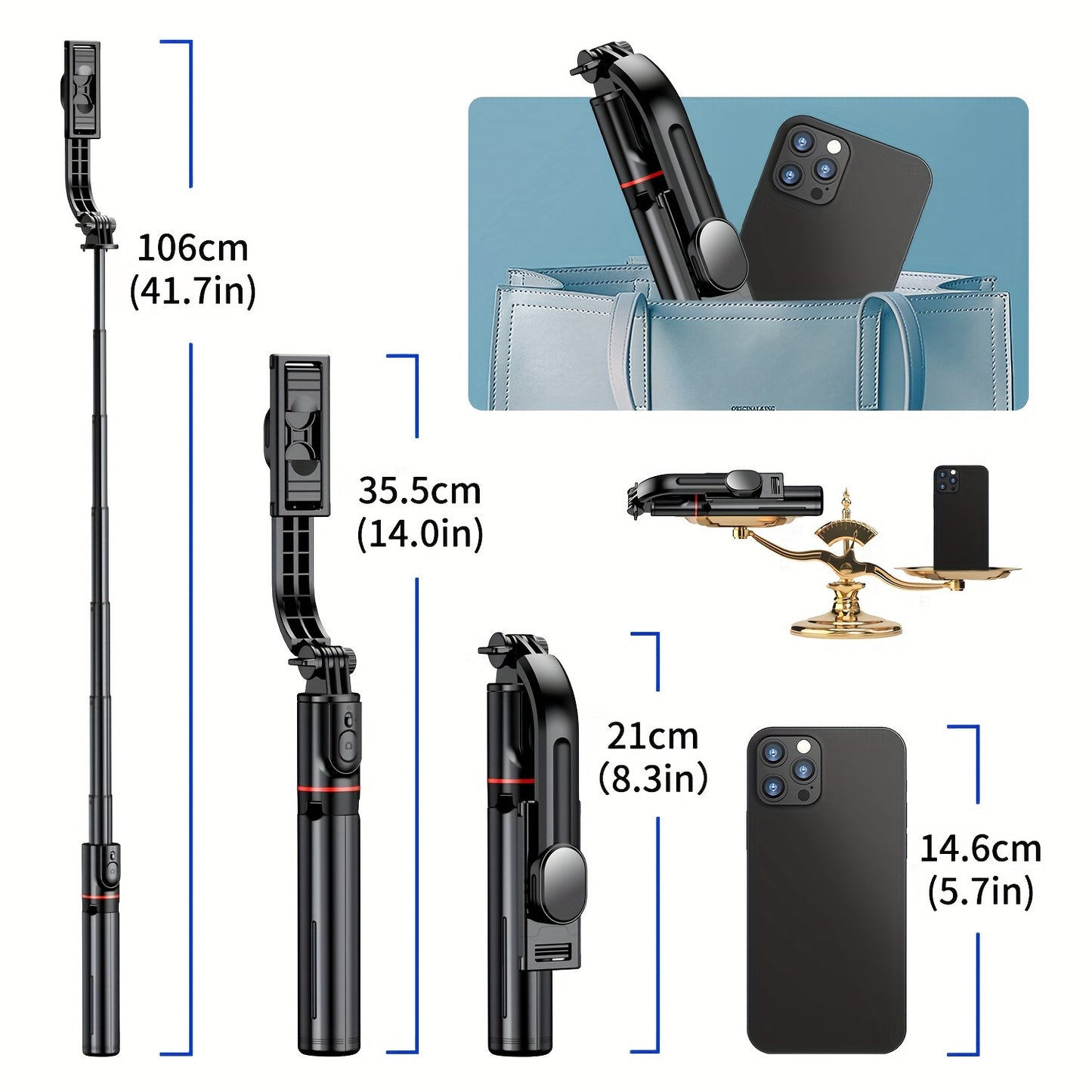104.14 cm Aluminum Alloy Selfie Stick Phone Tripod, Extendable 3in 1 Selfie Stick with Wireless Remote and Tripod Stand 360 Rotation for iPhone 14/13/12/11 Pro/XS Max/XS/XR/X, for Android Smartphone, Portable, Lightweight