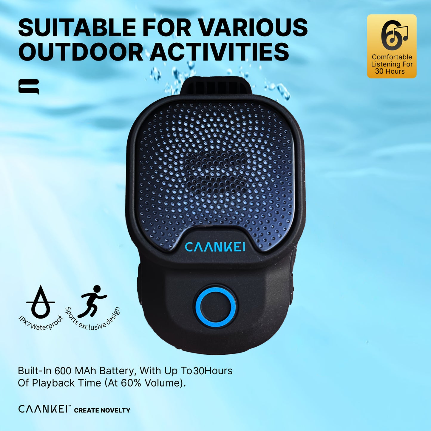 CAANKEI Wearable Speaker - TWS Pairing, ENC Call Noise Reduction, IPX7 Anti-Spy Slim Speaker, 30-Hour Playtime, USB-C Charging, Strong Sensitivity for Computers, Phones, and Tablets, Black with Blue LED Display, Speaker Speake