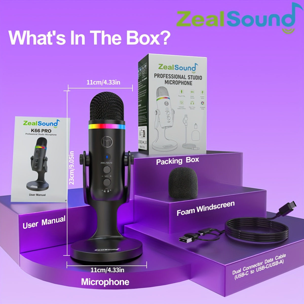 ZEALSound USB Microphone with RGB Lighting - Touch Control, Noise-Canceling, Gain & Echo Monitoring - Ideal for Streaming, Podcasting, PC, Mac, Windows, Type-C Devices - Blac