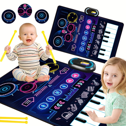 Interactive Piano Mat with Keyboard & Drums - Colorful Music Sensory Play Mat for Youngsters, Includes 2 Sticks, Perfect for Learning & Creative Play, Ideal Christmas or Halloween Gift, Piano Toy