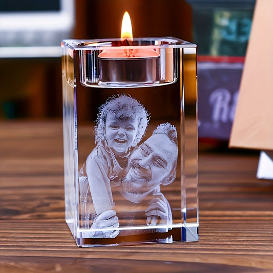 Personalized 3D Carved Glass Candle Holder - Custom Photo Insert for Birthdays, Weddings, Anniversaries - High-Quality Glass Keepsake Gift, DIY Home Decor for Mother’s Day, Father’s Day, Valentine’s, Occasion Keepsake | DIY Craft Base | Clear Glass Desig