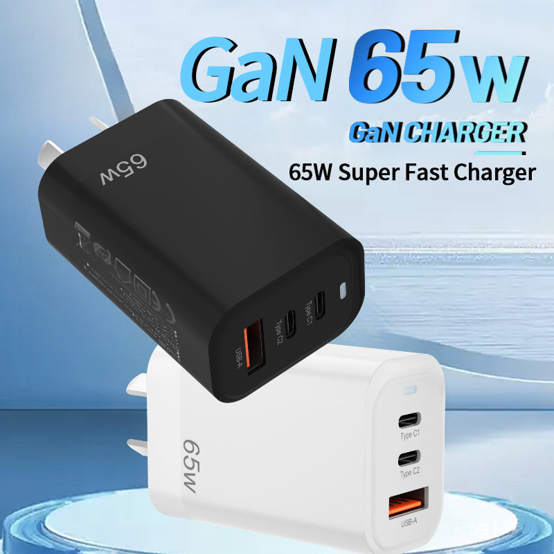 AU Plug 65W Power Adapter, GaN Fast Charger, 3-Port USB Wall Charger, 65W/45W/20W USB-C and 18W USB-A Charging for iPhone, iPad, Laptop, AirPod, All Mobile Phone, Tablet