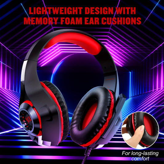 GS400 Gaming Headset for PS4, PC, Xbox One, PS5 Controller - Noise Cancelling Over-Ear Headphones with Mic, LED Light, Surround Bass, Soft Memory Earmuffs, Black with Blue Accents, PC Gaming Headset