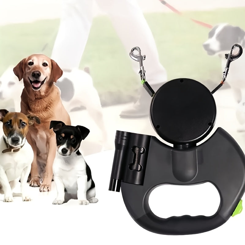 10-Foot Automatic Retractable Double Dog Leash with Non-Tangling 360° Rotating Ropes, Ergonomic Handle & Secure Locking Mechanism for Small/Medium Dogs - Outdoor Walks, Parks, Daily Use, Dual Dog Control | Sleek Black Design | Sturdy Metal Clip, Dog Leas