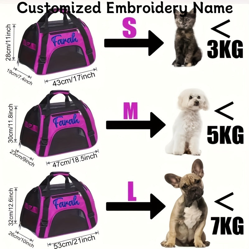 Custom Embroidered Pet Carrier Bag - Large Capacity, Pink with Black Accents, Zipper Closure, Personalized Name Option for Dogs and Cats, Dog Carrier Bag