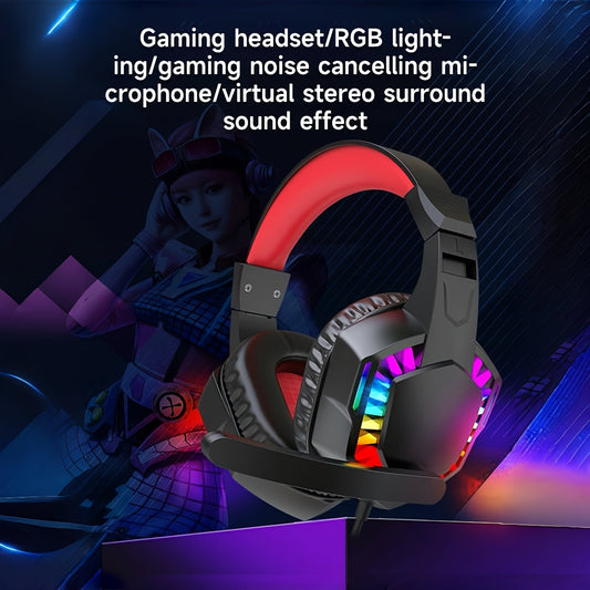 Over-Ear Wired Gaming Headset with RGB Lights, Noise Cancelling Mic, and Surround Sound - Red & Black Design, Perfect for Gamers, Music, and Movies, Gaming Accessories