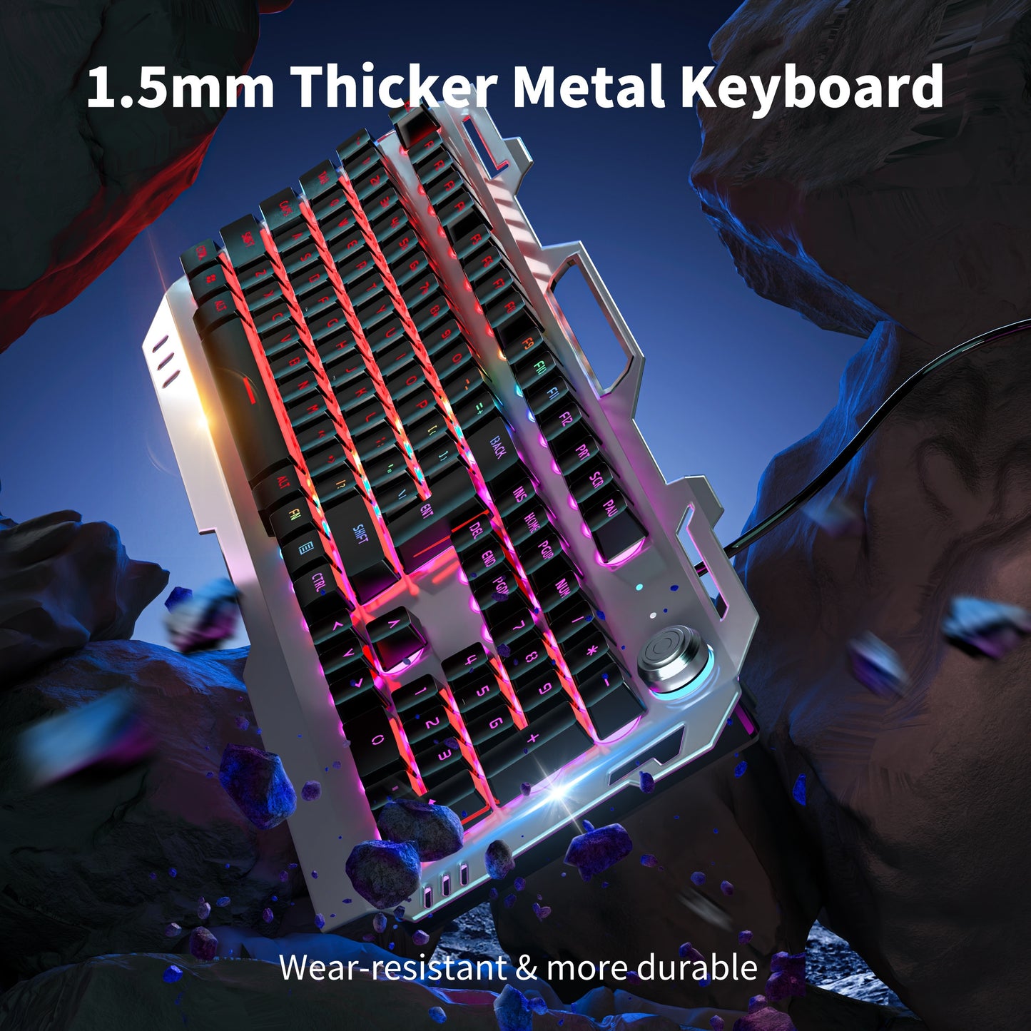 EWEADN Wired Gaming Keyboard, 104 Keys Full-Size, LED Backlit, Ergonomic Silent Design, USB Powered, Adjustable Volume Knob, for Desktop & Notebook Computers, Office Accessories