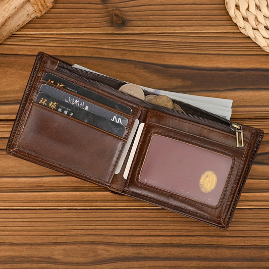 Vintage Genuine Leather Men's Wallet - Anti-Theft, Compact Bifold with Zipper Coin Pocket, First Layer Cowhide, Coffee Brown