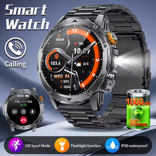ECWORD Outdoor Sports Smartwatch - 4.32cm Full Touch HD Screen, 1000mAh Long Battery Life,, LED Flashlight, 100 Sport Modes, Health & Fitness Tracker, Wireless Calling, DIY Dials, Metal Case, Android & iOS Compatible, Outdoor Fitness Tracker|Metal Watch