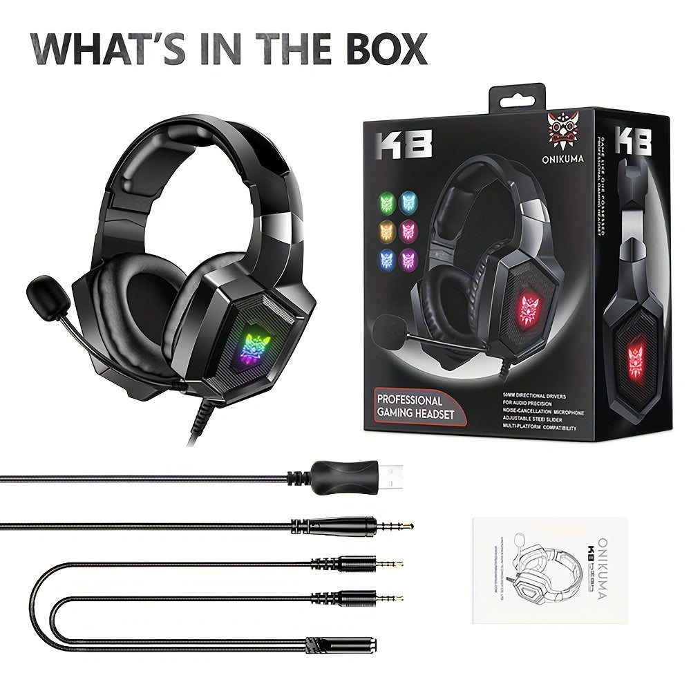 ONIKUMA K8 Wired Gaming Headphones with Noise-Canceling Mic, LED Lights, 360° Rotating Ear Cups, USB-Powered, Crystal Clear Sound for Immersive Gaming Experience