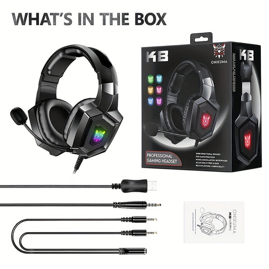 ONIKUMA K8 Wired Gaming Headphones with Noise-Canceling Mic, LED Lights, 360° Rotating Ear Cups, USB-Powered, Crystal Clear Sound for Immersive Gaming Experience