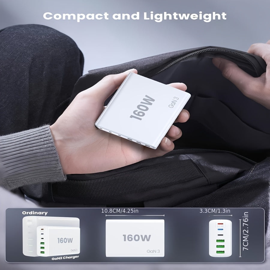 1pc AUPlug 160W USB C Charger, GaN III 6-Ports USB C Charger Block, QC3.1 Fast Phone Charging Station Hub+PD 65W USB C Laptop Charger Adapter, Compatible, for MacBook Pro/Air, iPhone 15 14 13 12 11, Galaxy S24 S23 S2