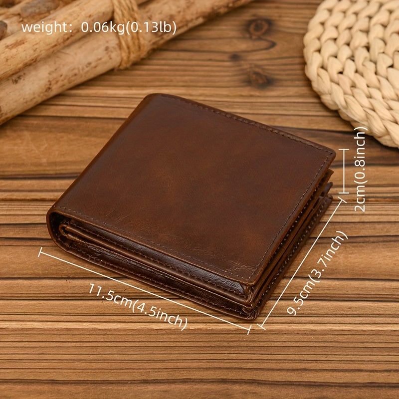 Vintage Genuine Leather Men's Wallet - Anti-Theft, Compact Bifold with Zipper Coin Pocket, First Layer Cowhide, Coffee Brown
