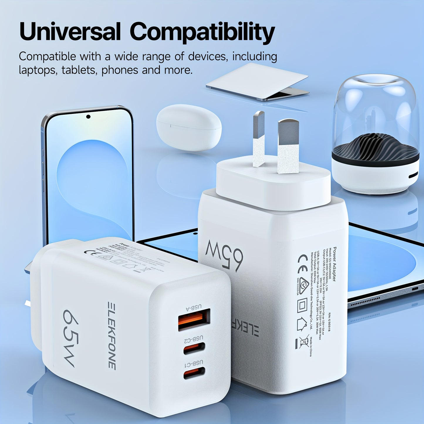 65W Power Adapter for Laptops, Phones and Tablets, Dual Type-C and USB Ports, AU/NZ Plug, PD & QC3.0 Fast Charging, Compact and Safe Design
