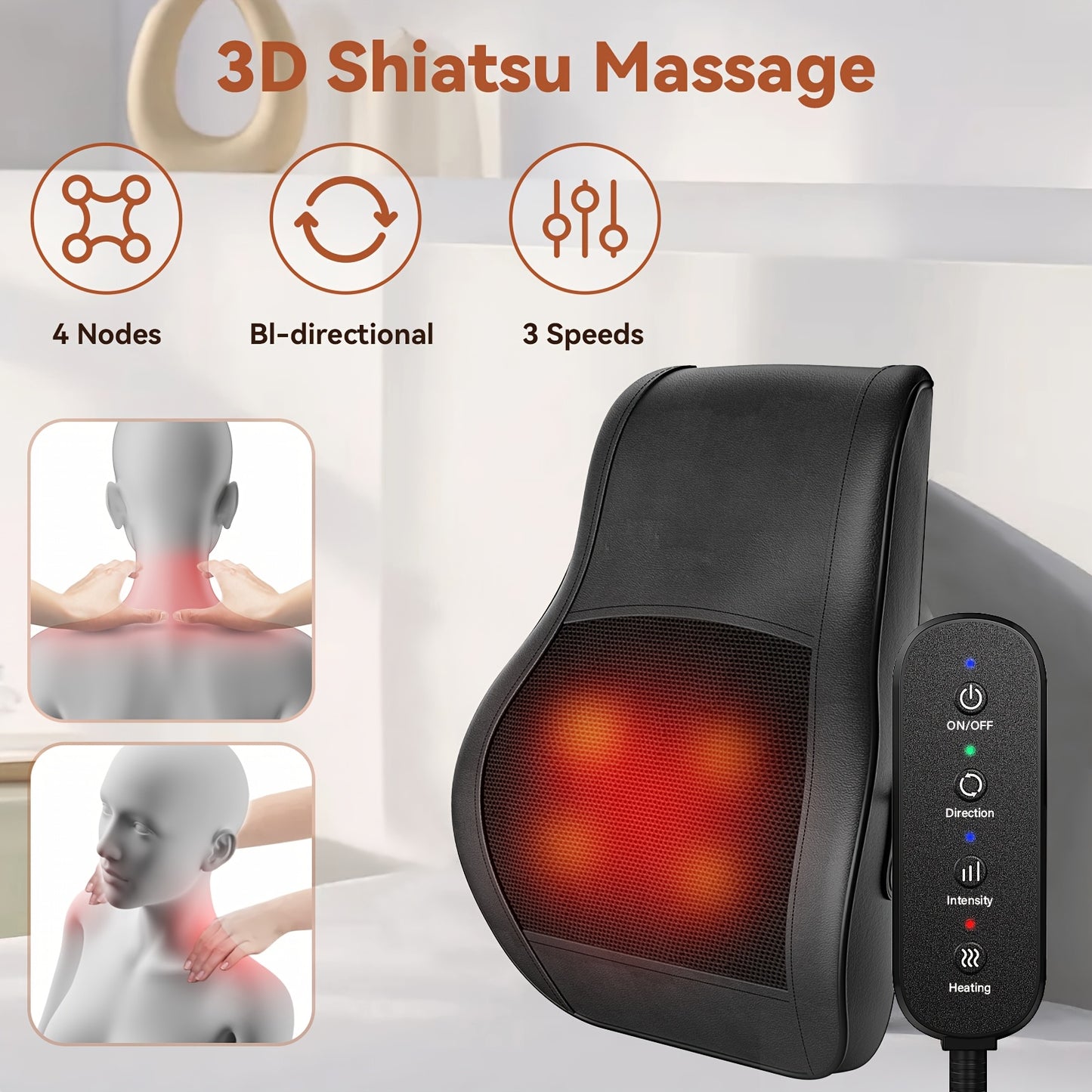 MASSTECK Shiatsu Back Massager with heat, Deep Tissue for Neck, Shoulders & Back, 3 Massager Modes & 2 Heating Levels, 3D Kneading Massage for Body Relax, Massage Gifts for Mom, Dad, Women