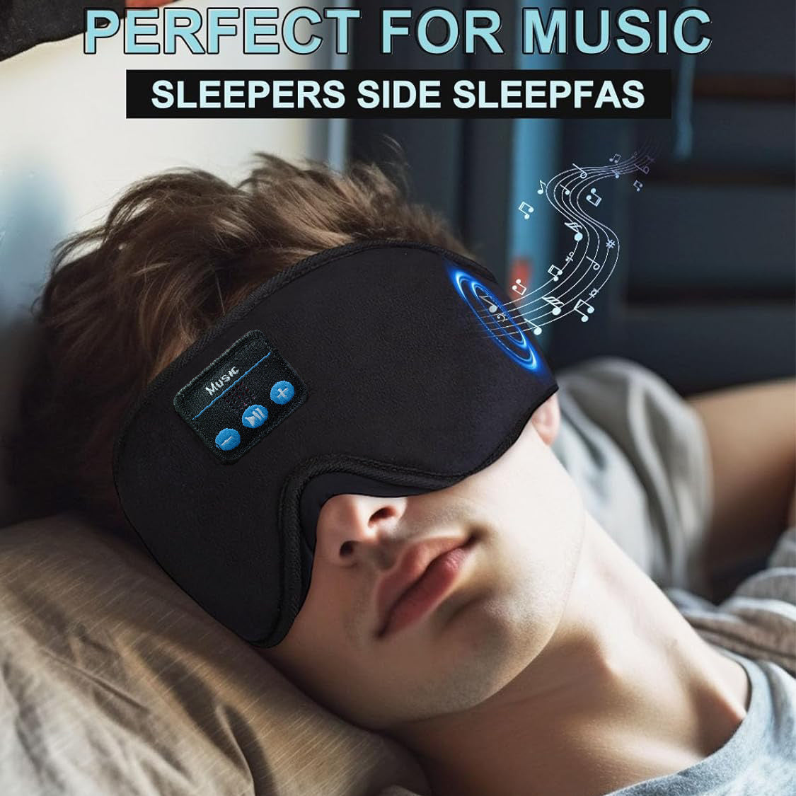 1pc Sleep Mask with Wireless Headphones, 3D Wireless Sleeping Mask for Side Sleepers - Rechargeable Polyester Travel Essential, Black with Blue Accents, Ideal Gift for Sleepers, Sleep Mask