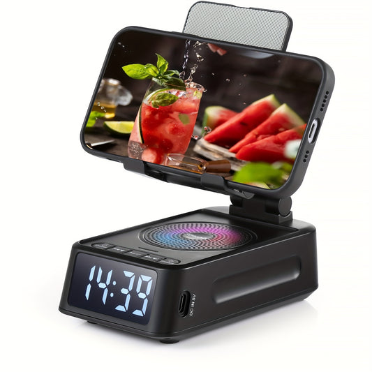 3-in-1 Phone Stand with Wireless Speaker & Digital Clock – Stereo Sound, Built-in Microphone, USB-C Charging, Ideal for Smartphones & Tablets, Perfect Gift for Men & Women, Home Office, Travel, and Camping, Phone Holder