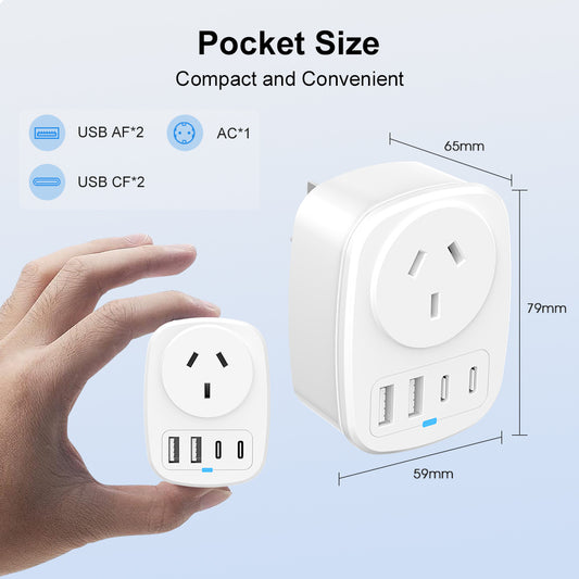1pc Compact 3-in-1 Travel Adapter with 2 USB Ports & 2 Type-C Ports - Australian Gauge Plug, Safe for Australia, New Zealand, and Argentina - Lightweight & Portable, Travel Charging Solution|Compact Travel Adapter|Durable Build Quality, Travel Accessorie
