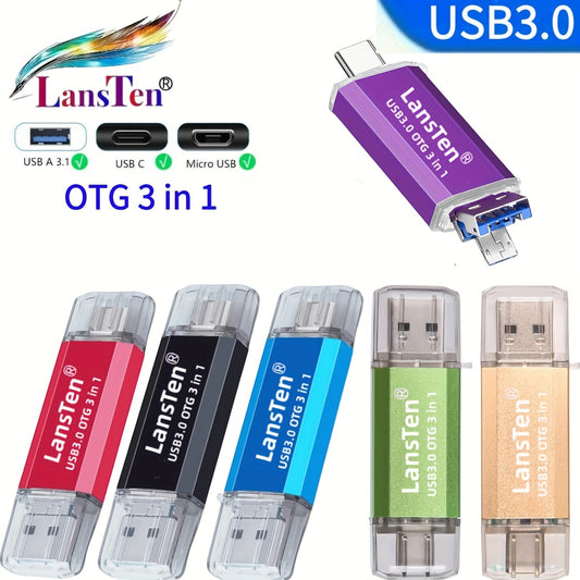 Lansten 32GB/64GB/128GB/256GB USB C Flash Drive 3in 1 USB 3.0 Type C Dual OTG Metal Thumb Drive Jump Drive Memory Stick with Keychain Suitable for USB-C Smartphones, MacBook, Computers and Tablets with 3 Ports (USB C, microUSB, USB-A)