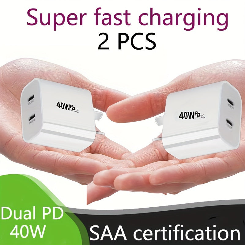 Set of 2 Australian Chargers with Dual PD 40W And Single PD 20W for Fast Charging Mobile Phones, Computers, Notebooks, Watches, And Headphones.