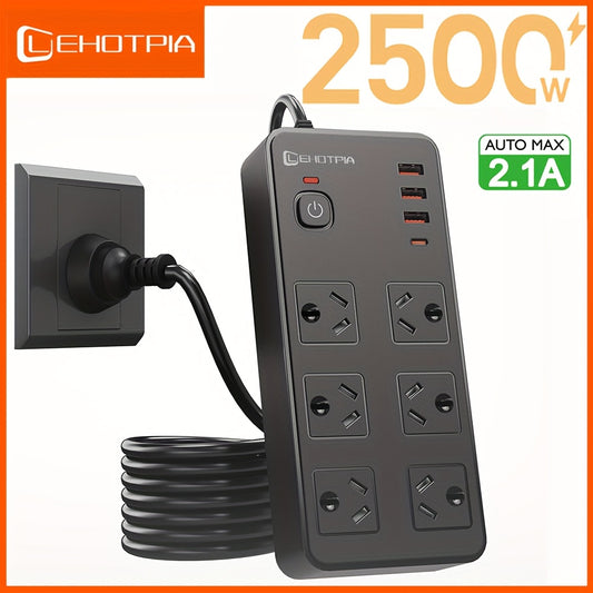 2500W Australian standard plug 10in 1 power board, 6AC main control switch with overload protection socket, 1.8m extension cord power strip, with 4USB (1Type-c), suitable for home, kitchen, bedroom, office, living room, etc