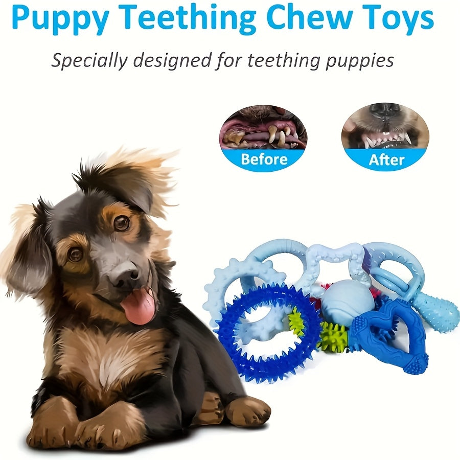 16pcs Blue Series Dog Chew Toy Set, Rubber Plush Knot Teeth Cleaning Toys for Small Dogs - Assorted Variety