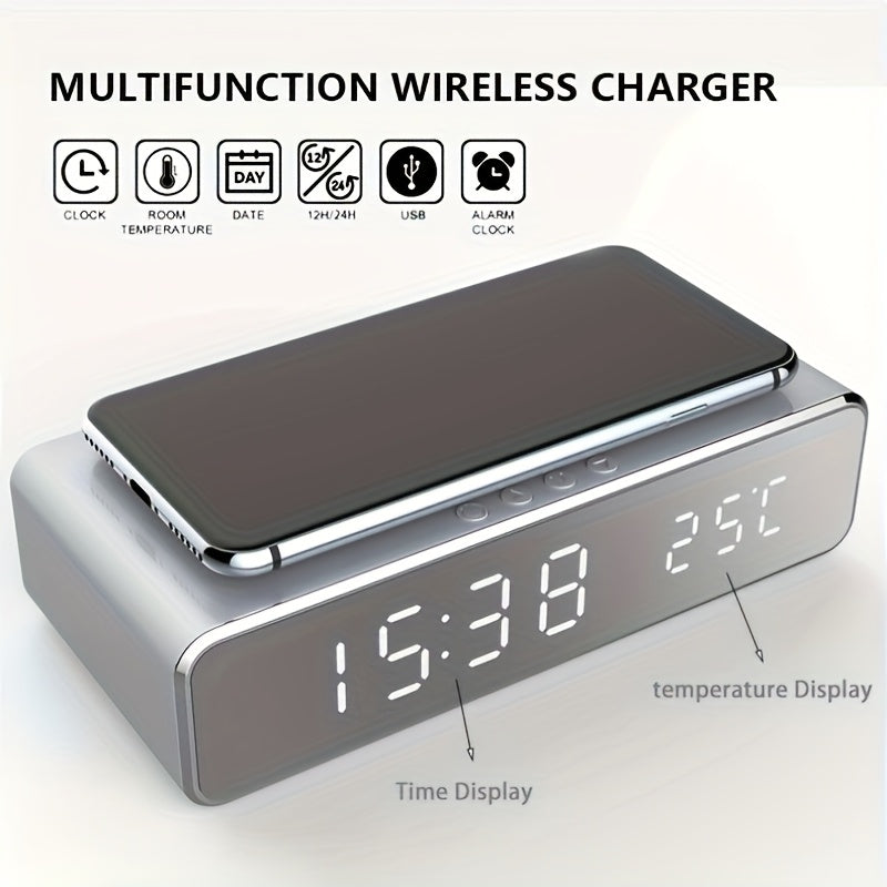 3-in-1 Wireless Charging Station with Digital Clock, Temperature Display, and Alarm - Multi-Functional Charger Pad for iPhone, Samsung Galaxy, and AirPods - Perfect for Bedroom, Living Room, and Office, Bedroom Alarm Clock | Modern Charging Station | Dur