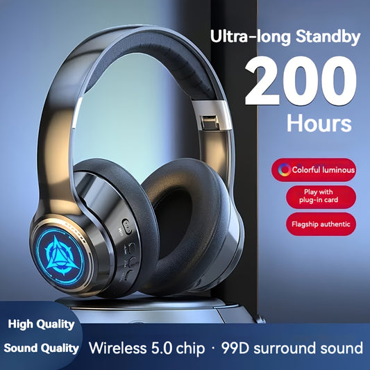 Ultra-Long Standby 200 Hours Gaming Headphones with LED Lights, Wireless 5.0 Chip, 99D Surround Sound, Noise Cancelling Voice Call, Push Button Volume Control, Type-C Jack, Rechargeable Lithium Polymer Battery, Compatible with Cellphones, Adult - Movie &