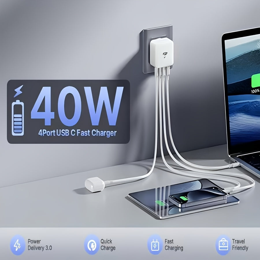 2025 New Model with a Completely New Design 40W USB A+C Plug, 4 Ports, Fast Charger Adapter, AU Plug, PD+QC, Power Supply, Suitable for iPhone 15, 14, 13, 12, 11, Pro Max XS XR SE, Samsung, iPad, AirPods