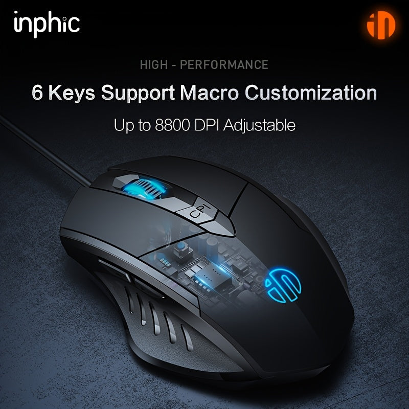 INPHIC W1 Gaming, Office Mouse. 6 Programmable Buttons, Silent Click, Ergonomic Grip, 4-Level DPI Switching, RGB 4-Color Breathing Light, Wired Gaming Mouse Compatible with PC& Laptop.