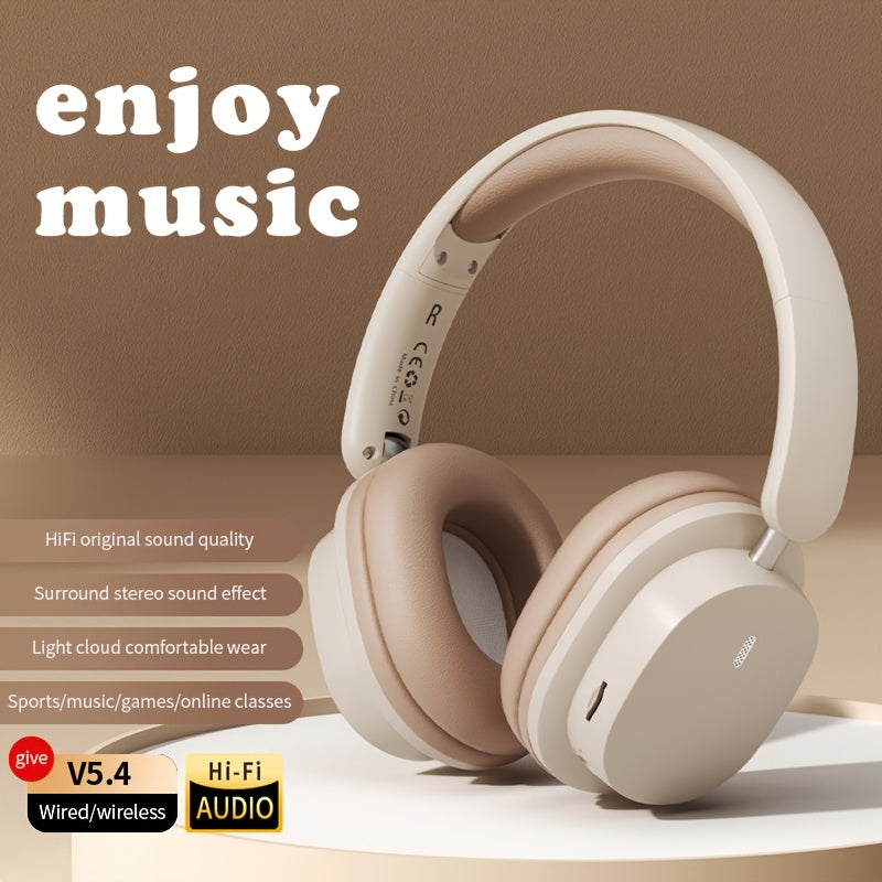 Foldable Wireless Headphones Wireless 5.4 with Hi-Fi Audio, Comfort Fit & Battery Life - Lightweight Portable Design for Sports, Gaming, Online Classes - USB-C Charging, Cloud Sound & Light Comfort (Beige), Wireless Headset, Sports Earbuds, Modern Audio,