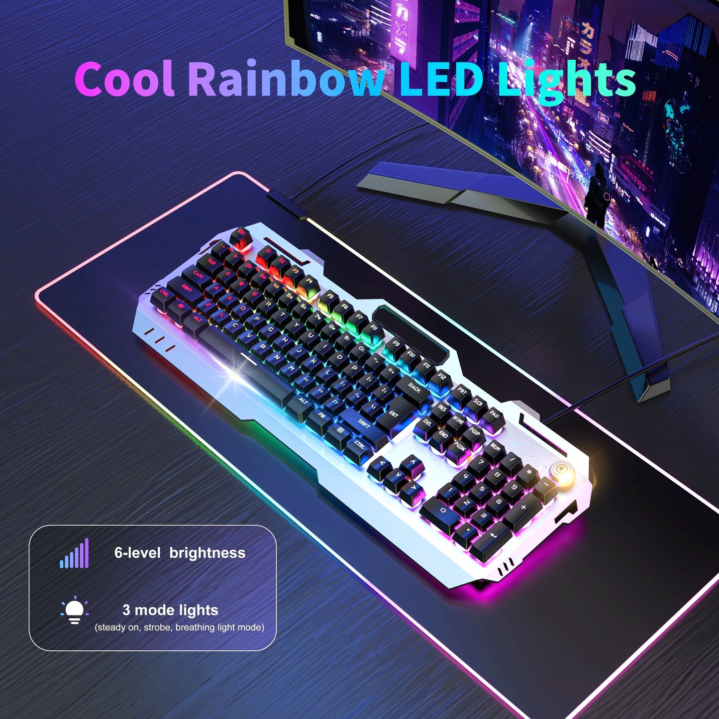 EWEADN Wired Gaming Keyboard, 104 Keys Full-Size, LED Backlit, Ergonomic Silent Design, USB Powered, Adjustable Volume Knob, for Desktop & Notebook Computers, Office Accessories