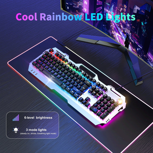 EWEADN Wired Gaming Keyboard, 104 Keys Full-Size, LED Backlit, Ergonomic Silent Design, USB Powered, Adjustable Volume Knob, for Desktop & Notebook Computers, Office Accessories