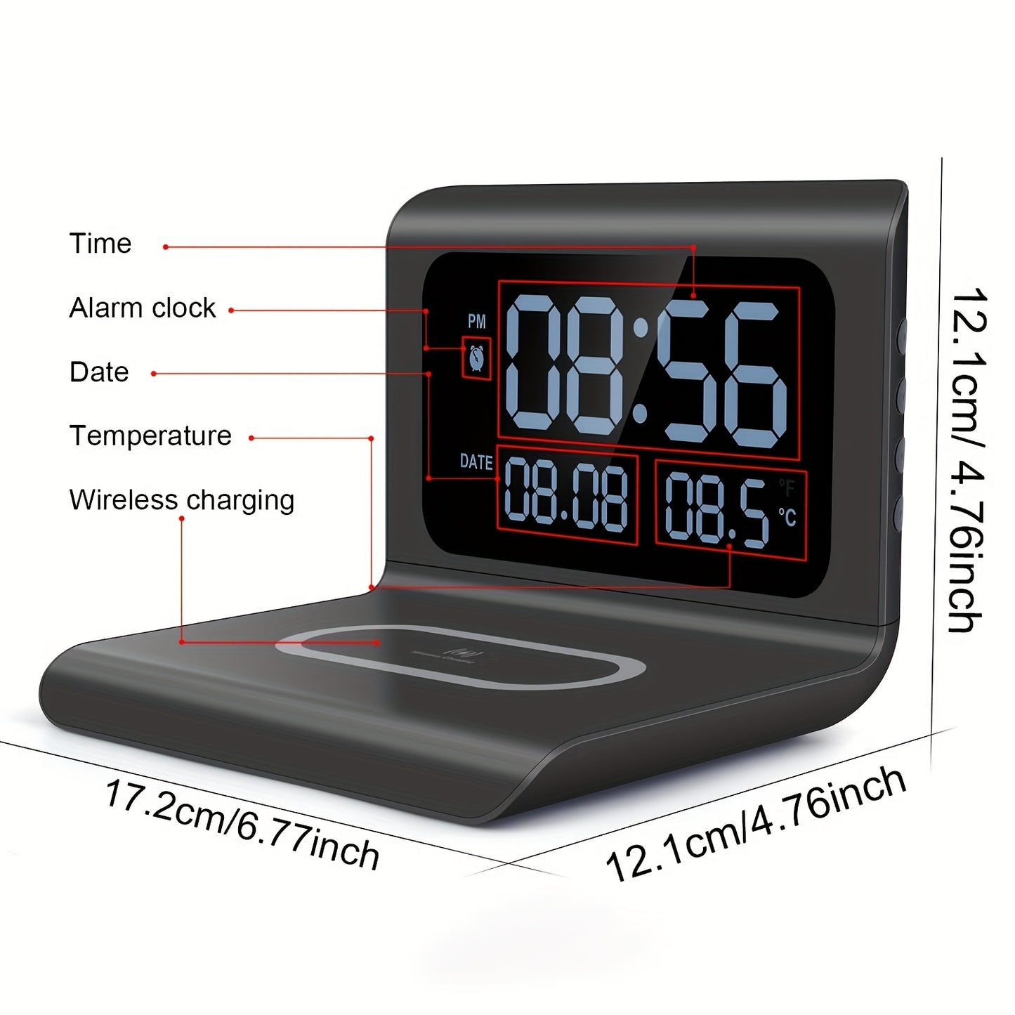 A Versatile Wireless Charging Station Featuring a Time And Temperature Display, Designed As an Alarm Clock for Your Bedroom Desk. It Is Compatible with for iphone Models 16, 15, 14, 13, 12, 11 Pro Max/Mini/Plus/Xr/X/8, for Airpods 2/3/4/Pro/Pro 2, And fo