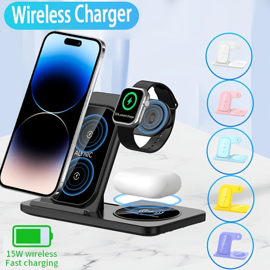 Wireless Charger Stand Foldable Mobile Phone Holder Desktop Bracket Portable Fast Wireless Charging Station Dock for iPhone 16 15 14 13 12Plus Pro Max Mini for Apple Watch 10 9 8 7 6 5 4 Ultra SE 3 Cellphone Charge Accessories Gifts for Friend Family