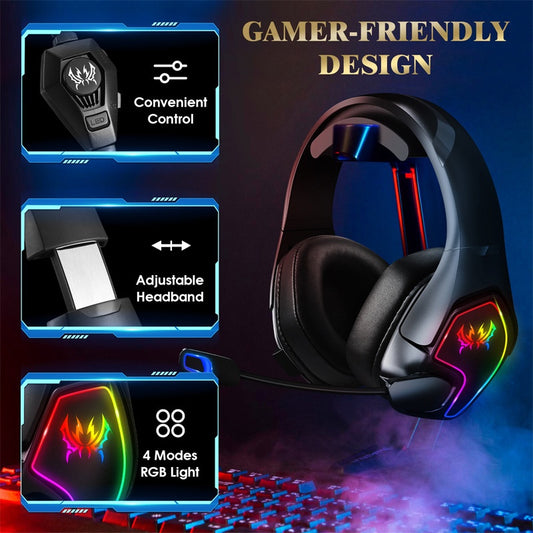 G3000 Stereo Gaming Headset for PS4pcs Xbox One PS5 Controller, Noise Cancelling Over-ear Headphones with Mic, LED Light, Surround Bass, Soft Memory Earmuffs