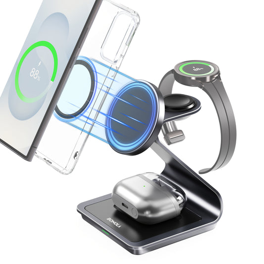 3-in-1 Magnetic Wireless Charger for 3 Devices, Suitable for Ultra/24/S23/S22/21, 15W Fast Charging Base Stand for Watch Ultra/7/6/5/4/3 Classic, Compatible with for Buds 2 3 Pro