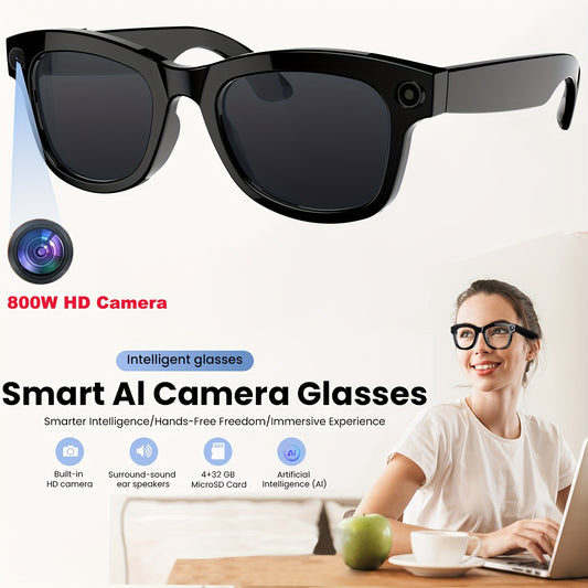 AI Smart Camera Glasses | 800W HD Camera | 1080P Stabilized Video | Dual Mic System | WFI+ Wireless Real-time Transmission | Wireless 5.4 Call | AI Voice Assistant | 160+ Languages Real-time Translation | AI Object Recognition | Anti-Glare & Blue Light B
