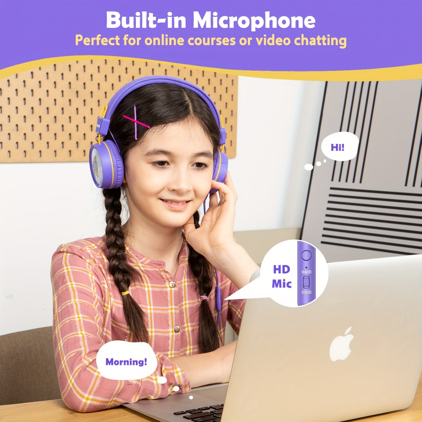 94dB Safe Volume, Kids Wired Headphones with Mic for School, 3.5mm Jack and Tangle-Free Nylon Cable, Royal Blue, Lavender Over-Ear Music Headset with Microphone, School Headphones, Safe Listening, Comfortable Design, Stylish Headphones, Durable Build, Ea