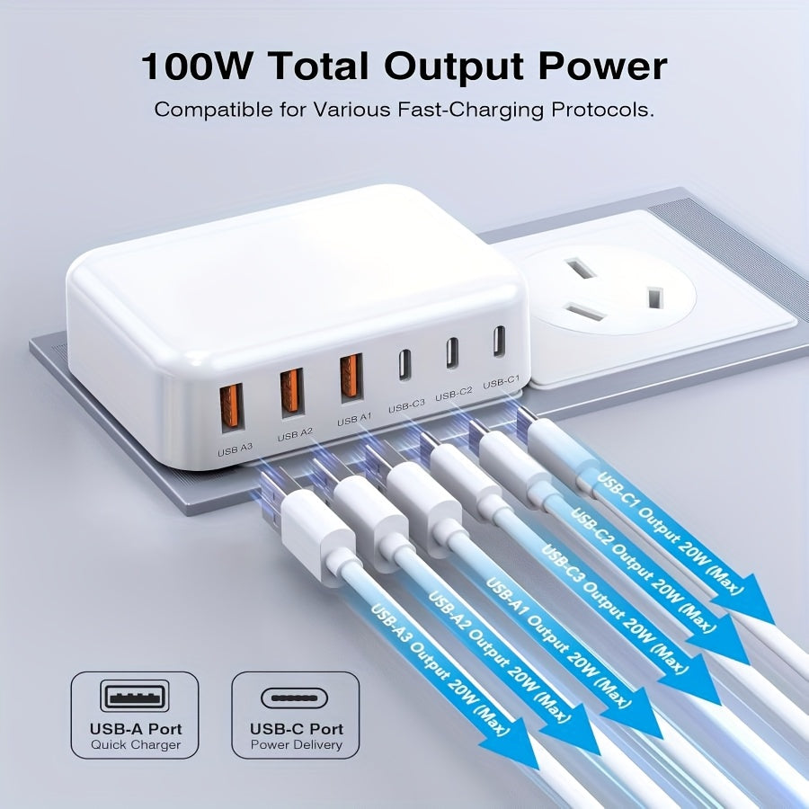 1Pce AU Plug 6-IN-1 2025 New Charger USB C Charger Block Thin Flat 100W 6-Port Wall Charger 1pc Type C Fast Charger Cube, PD&QC Wall Plug Power Adapter Compatible for iPhone 16/16 Pro/15/15 Pro/14/13, iPad, AirPods, iWatch, Samsung
