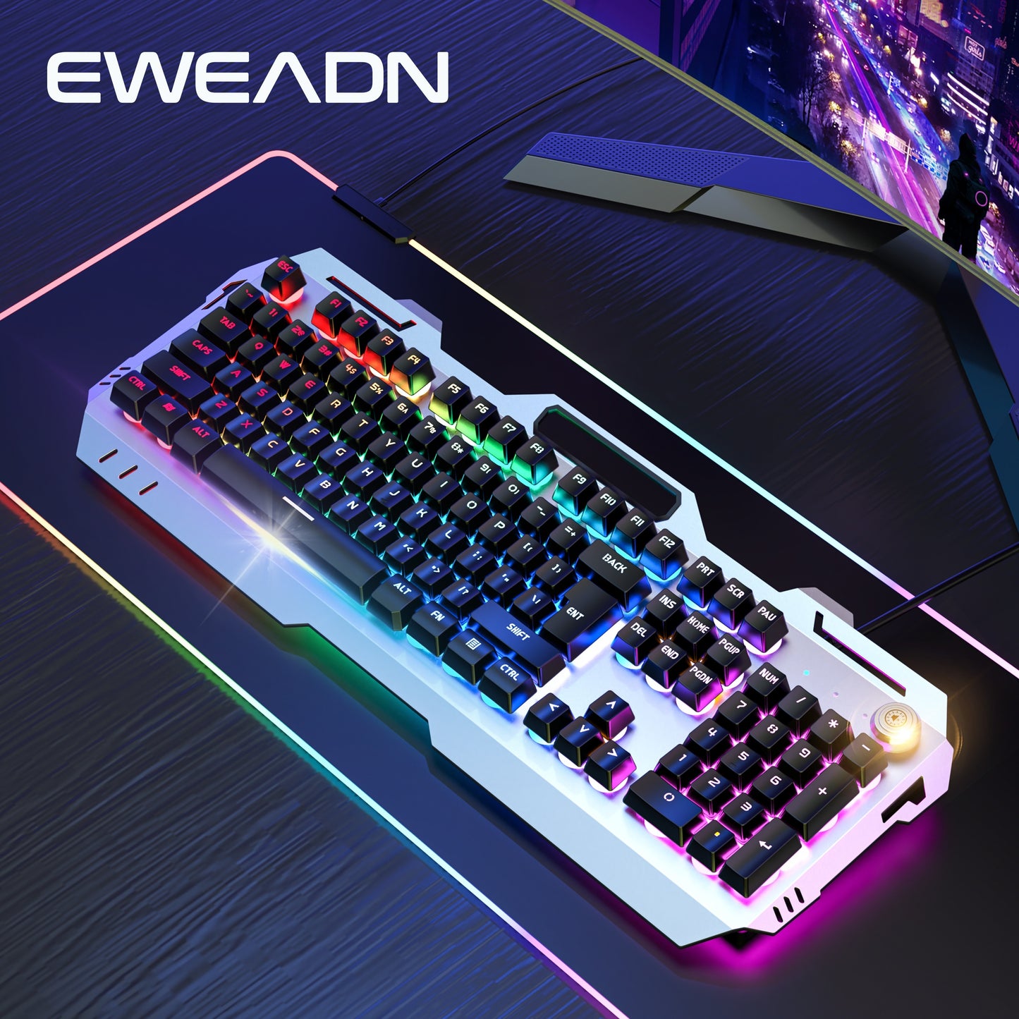 EWEADN Wired Gaming Keyboard, 104 Keys Full-Size, LED Backlit, Ergonomic Silent Design, USB Powered, Adjustable Volume Knob, for Desktop & Notebook Computers, Office Accessories